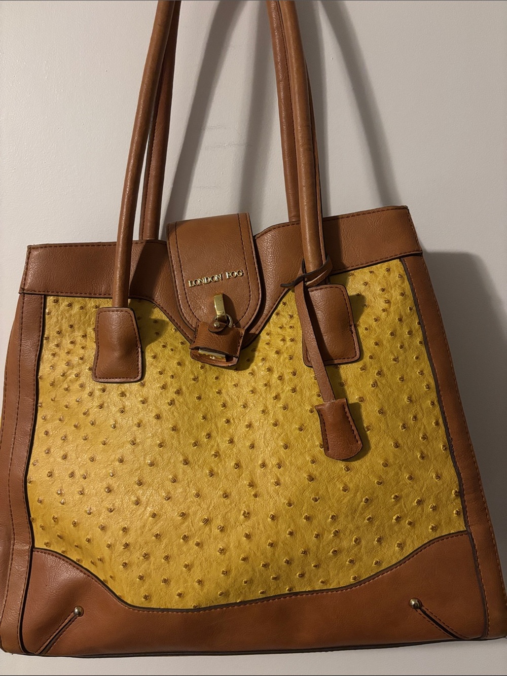London Fog Yellow and Brown Faux Leather-Trimmed Tote